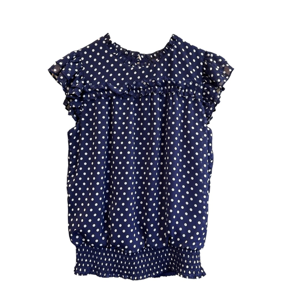 1.STATE Womens Navy Blue Polka Dot Ruffle Smocked‎ Hem Blouse Small #94